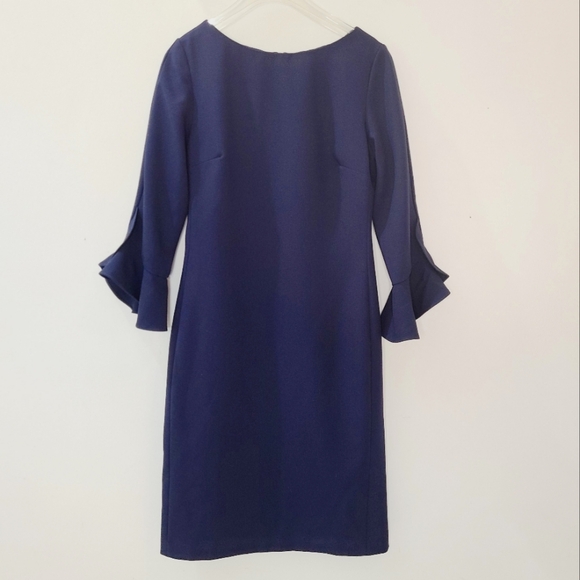 KARL LAGERFELD PARIS Navy Blue Scuba Crêpe Sheath Ruffle Sleeve Dress Sz S - Picture 4 of 16